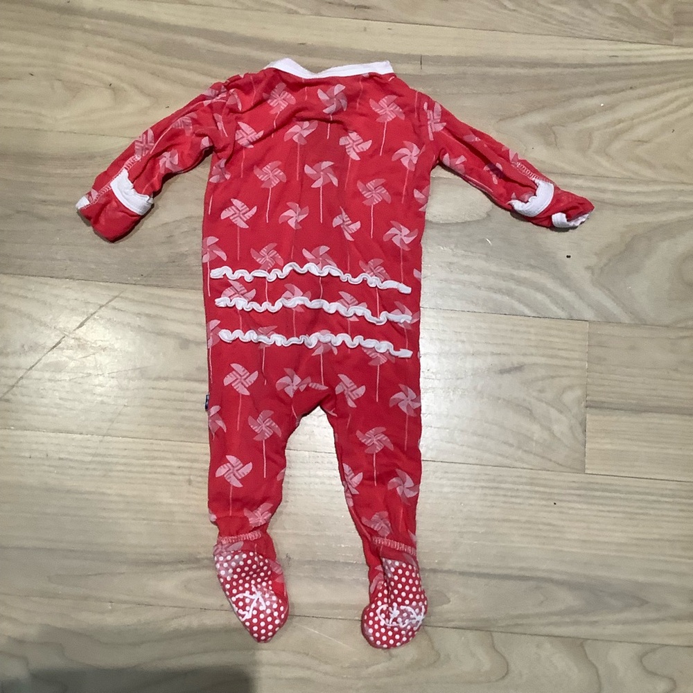 Kickee Pants Muffin Ruffle Footie with Zipper in Taffy Pinwheel Print Baby girl